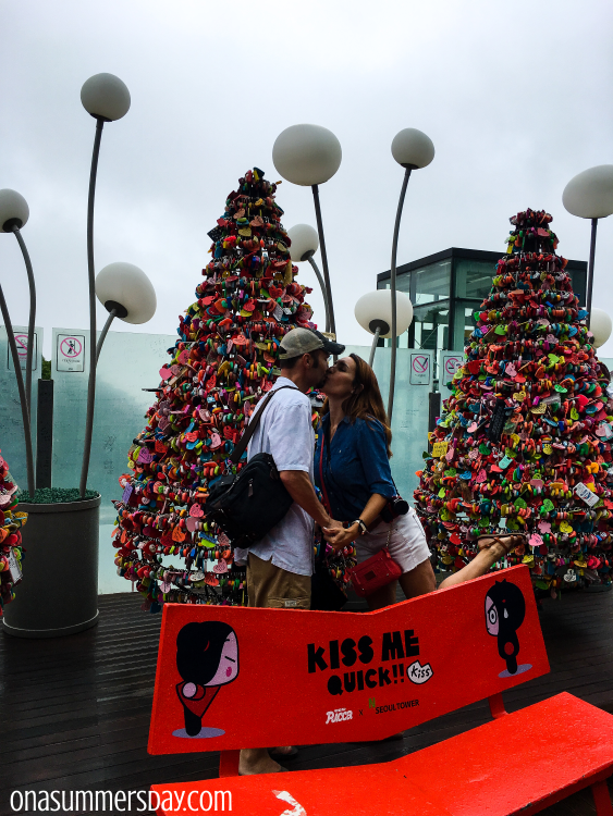 Kiss on Love Lock Bridge N Seoul Tower Seoul 