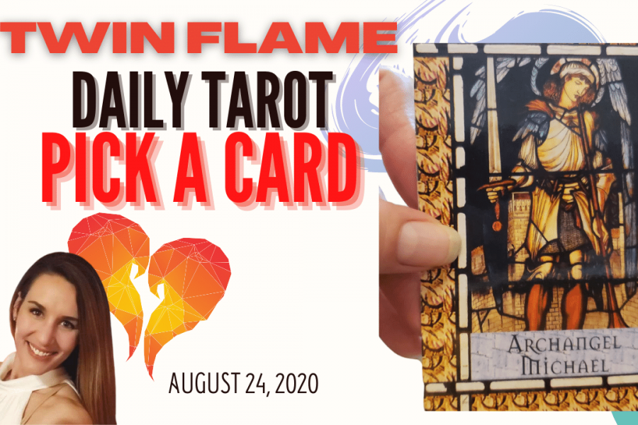 Oracle card of Archangel Micheal sits next to a picture of a smiling, brown-haired lady. The words "Twin Flame Daily Tarot Pick-A_Card" and August 24, 2020 are written across the picture.