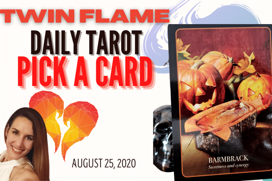 Oracle card of Barmbrack sits next to a picture of a smiling, brown-haired lady. The words "Twin Flame Daily Tarot Pick A Card" and August 25, 2020 are written across the picture.
