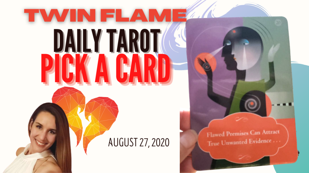 Oracle card sits next to a picture of a smiling, brown-haired lady. The words "Twin Flame Daily Tarot Pick A Card" and August 27, 2020 are written across the picture.