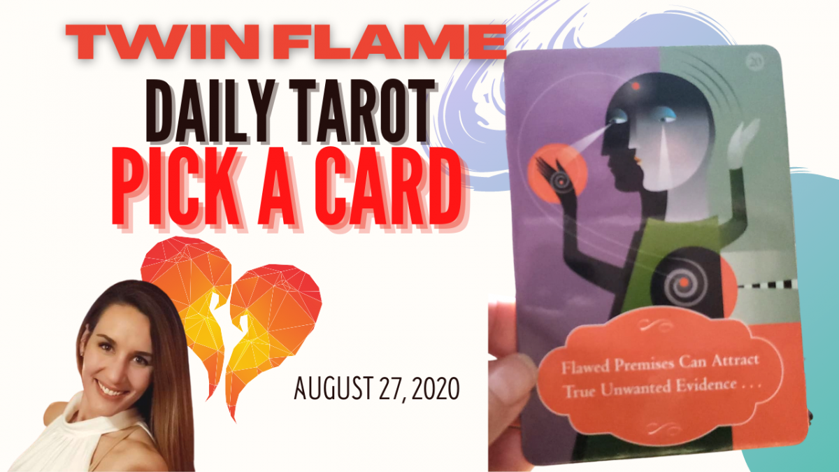Oracle card sits next to a picture of a smiling, brown-haired lady. The words "Twin Flame Daily Tarot Pick A Card" and August 27, 2020 are written across the picture.