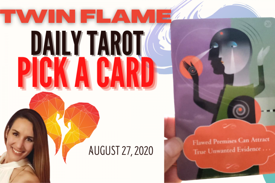 Oracle card sits next to a picture of a smiling, brown-haired lady. The words "Twin Flame Daily Tarot Pick A Card" and August 27, 2020 are written across the picture.