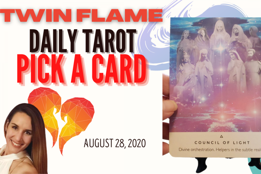 Oracle card sits next to a picture of a smiling, brown-haired lady. The words "Twin Flame Daily Tarot Pick A Card" and August 28, 2020 are written across the picture.