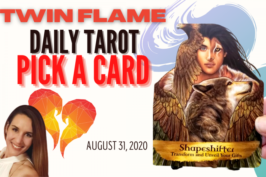 Oracle card sits next to a picture of a smiling, brown-haired lady. The words "Twin Flame Daily Tarot Pick A Card" and August 31, 2020 are written across the picture.