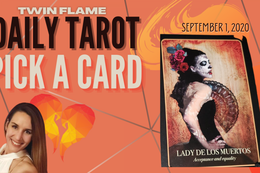 Oracle card sits next to a picture of a smiling, brown-haired lady. The words "Twin Flame Daily Tarot Pick A Card" and September 1, 2020 are written across the picture.