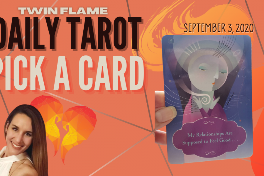 Oracle card sits next to a picture of a smiling, brown-haired lady. The words "Twin Flame Daily Tarot Pick A Card" and September 3, 2020 are written across the picture.