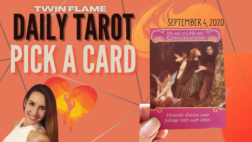 Oracle card sits next to a picture of a smiling, brown-haired lady. The words "Twin Flame Daily Tarot Pick A Card" and September 4, 2020 are written across the picture.