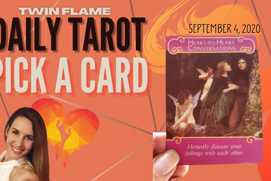 Oracle card sits next to a picture of a smiling, brown-haired lady. The words "Twin Flame Daily Tarot Pick A Card" and September 4, 2020 are written across the picture.