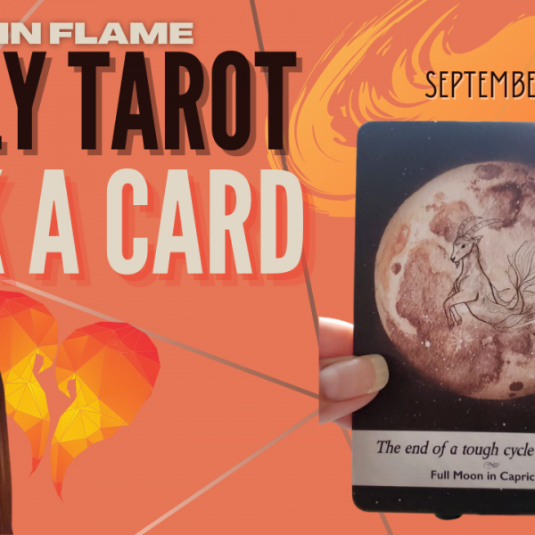 Oracle card sits next to a picture of a smiling, brown-haired lady. The words "Twin Flame Daily Tarot Pick A Card" and September 2, 2020 are written across the picture.