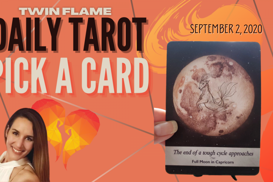 Oracle card sits next to a picture of a smiling, brown-haired lady. The words "Twin Flame Daily Tarot Pick A Card" and September 2, 2020 are written across the picture.