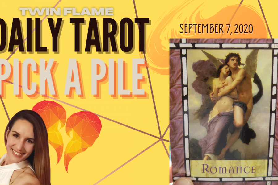 Oracle card sits next to a picture of a smiling, brown-haired lady. The words "Twin Flame Daily Tarot Pick A Pile" and September 7, 2020 are written across the picture.