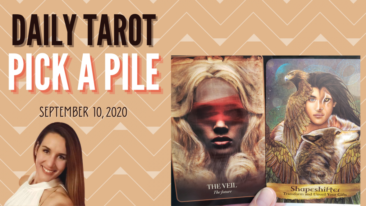 Tarot card sits next to a picture of a smiling, brown-haired lady. The words "Twin Flame Daily Tarot Pick A Pile" and September 10, 2020 are written across the picture.