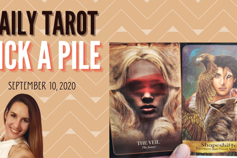 Tarot card sits next to a picture of a smiling, brown-haired lady. The words "Twin Flame Daily Tarot Pick A Pile" and September 10, 2020 are written across the picture.