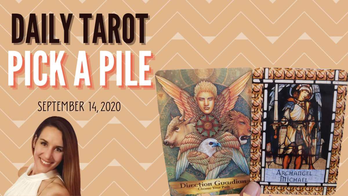 Tarot card sits next to a picture of a smiling, brown-haired lady. The words "Twin Flame Daily Tarot Pick A Pile" and September 14, 2020 are written across the picture.