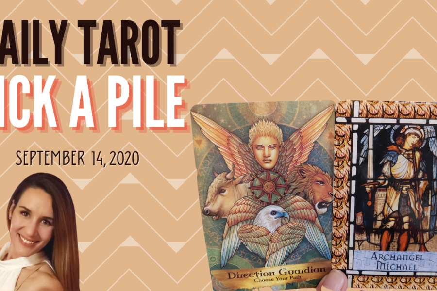 Tarot card sits next to a picture of a smiling, brown-haired lady. The words "Twin Flame Daily Tarot Pick A Pile" and September 14, 2020 are written across the picture.